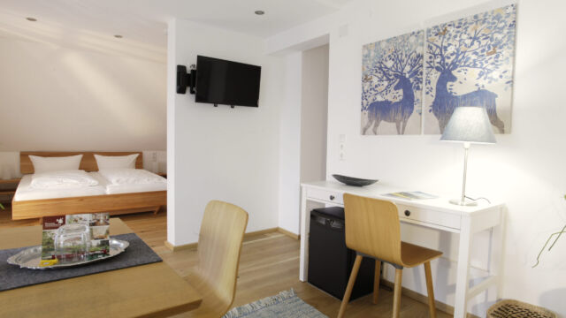 Familienapartment Westbalkon, Schreibtisch und Fernseher Familienapartment Westbalkon, Schreibtisch und Fernseher